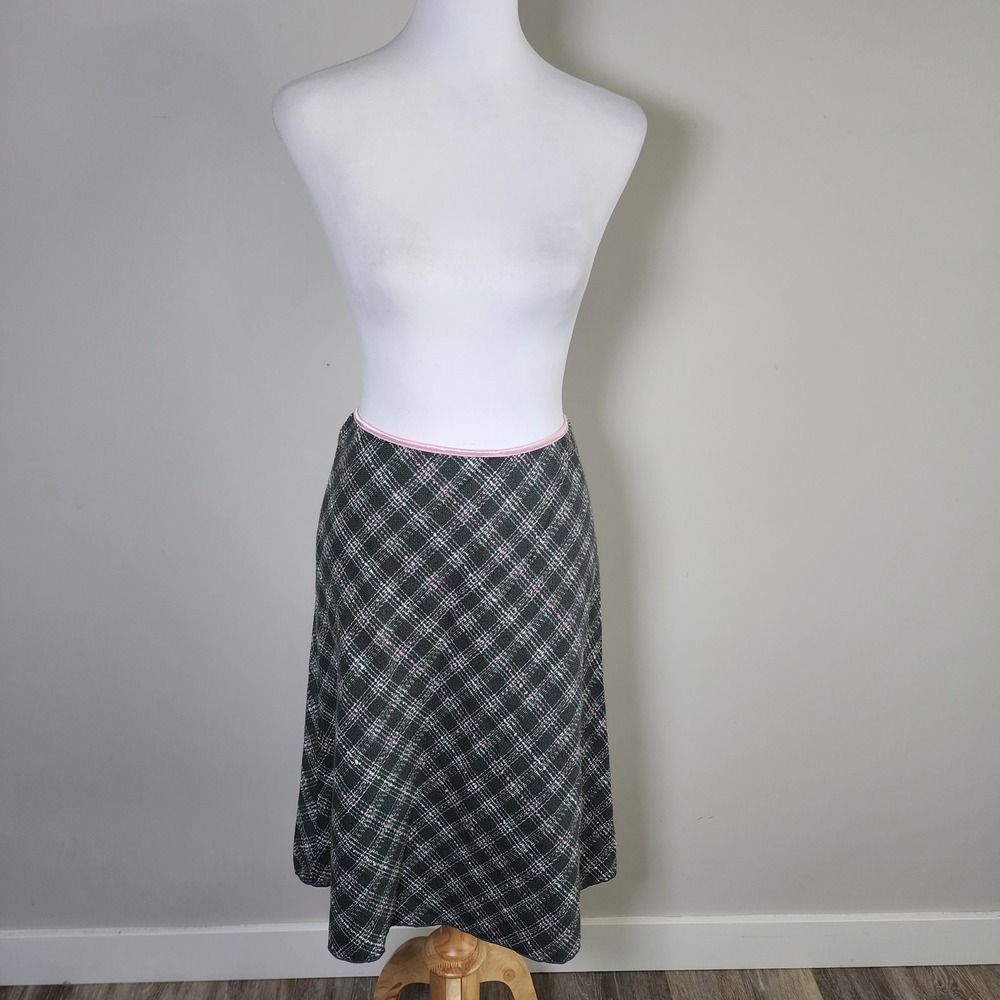 Plaid Tweed Midi Skirt Womens Medium Black Pink A-Line Y2K Grunge Coquette Retro - Picture 2 of 13